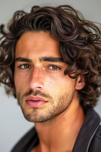 Curly Layered Bob Hairstyle on a man with brown hair. Men Curly Hair Middle Part, Teen Boy Long Hairstyles Teenage Guys Curly, 2c Men Hair, Jewfro Hairstyles Men, Mens Face Reference, Men’s Medium Wavy Hair, Long Curly Boys Haircut, Men’s Longer Curly Haircuts, Mens Mid Length Hairstyles Curly