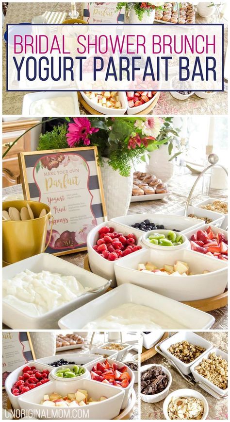 Easy Shower Brunch Idea,  Yogurt Parfait Bar, Brunch Food Ideas, Bridal Shower, Brunch Food, Baby Shower Bar, Shower Food Ideas Yogurt Parfait Bar, Bridal Brunch Food, Yoghurt Parfait, Parfait Bar, Baby Shower Brunch Food, Wedding Shower Brunch, Salad Aesthetic, Sweet Custard, Breakfast Party Foods