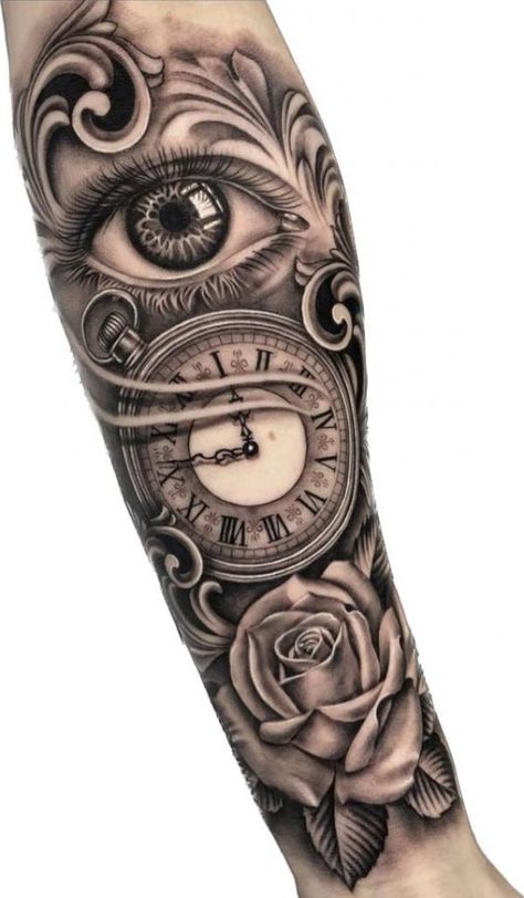 Realistic eye with rose and pocket watch tattoo Poppy Tattoo Sleeve, Rose And Clock Tattoo, Clock Tattoo Designs, Nautical Tattoo Sleeve, Memorial Tattoo Ideas, Leg Sleeve Tattoos, Tiger Tattoo Sleeve, Pocket Watch Tattoos, Watch Tattoo