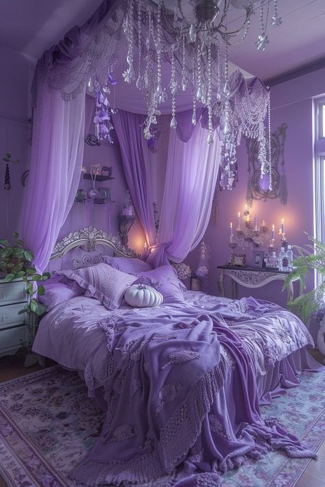 29 Purple Witchy Bedroom Ideas for a Magical Space 6 Witchy Bedroom Ideas, Purple Girls Bedroom, Lilac Bedding, Witchy Bedroom, Lavender Bedroom, Bedroom Purple, Purple Bedrooms, Princess Bedroom, Purple Bedroom