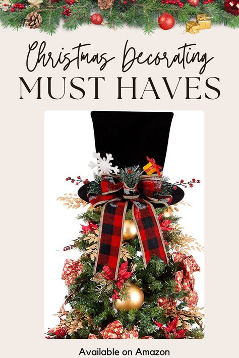 Christmas Tree Topper Hat, Black Velvet Hat with Red Buffalo Plaid Bow Red Berry Snowflake, Christmas Tree Decorations Top Hat, Desktop Ornaments for Home Holiday Winter Decor Amazon Link #affiliatelink Christmas Hats Ideas, Christmas Tree Topper Hat, Snowflake Christmas Tree, Winter Holiday Decorations, Buffalo Plaid Christmas Tree, Christmas Tree Tops, Red Buffalo Plaid, Amazon Link, Velvet Hat