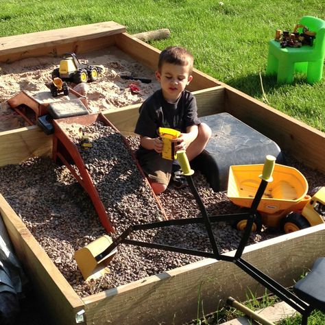 Dual sandbox/gravel pit! Highly recommend for anyone with a dirt loving boy!! Outdoor Kids Play Area, Gravel Pit, Kids Yard, Outdoor Play Space, Play Area Backyard, Outdoor Play Spaces, Backyard Kids Play Area, Outdoor Play Areas, Kids Outdoor Play