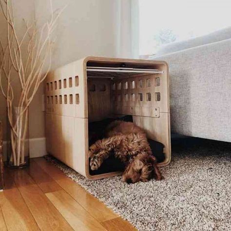 swissmiss | Fable Dog Crate Dog Cage Ideas Indoor, Dog Cage Ideas, Wood Dog Crate, Modern Dog Houses, Dog Bedroom, Personalized Dog Beds, Indoor Dog House, Dog Spaces, Dog Cage