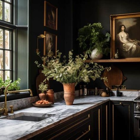 European Classy Kitchens That Speak of Timeless Beauty Gothic Style Living Room Ideas, Moody Eat In Kitchen, Moody Kitchen Art, Moody French Country Kitchen, Moody French Kitchen, Dark English Interiors, Earthy Moody Kitchen, Vintage Moody Kitchen, Academia Aesthetic Kitchen