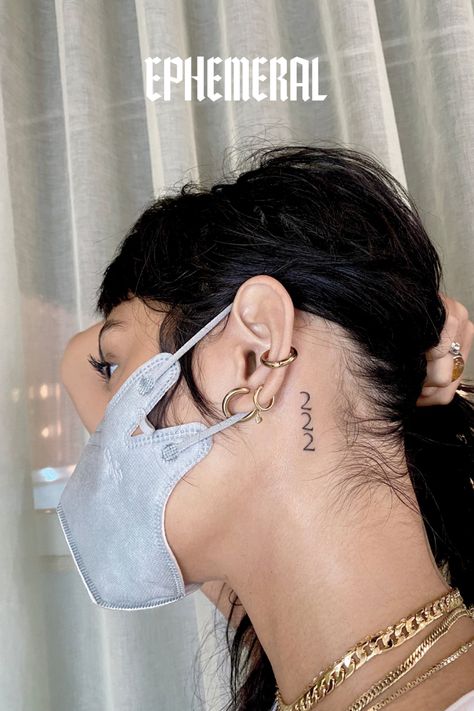 Angel number tattoo behind the ear. Featuring three “2”s stacked on top of each other. Made To Fade Tattoo, 222 Ear Tattoo, 333 Ear Tattoo, Small Number Tattoo Behind Ear, 777 Tattoo Ideas Behind Ear, 777 Ear Tattoo, Zodiac Behind Ear Tattoo, 555 Behind Ear Tattoo, 222 Behind Ear