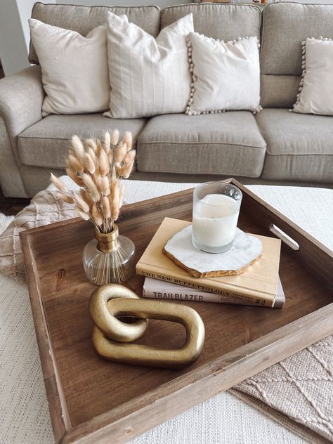 Coffee table tray, good decor, candle, ottoman tray Ottoman Coffee Table Tray Decor, Ottoman Decor Living Room Tray, Ottoman Decor Living Room, Ottoman Tray Decor Ideas, Square Coffee Table Decor, Ottoman Tray Decor, Bohemian Bathrooms, Ottoman Coffee Table Decor, Coffee Table Tray Decor