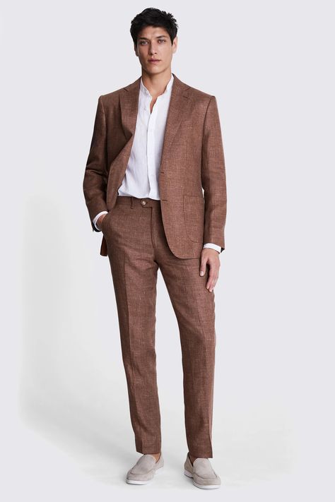 Tailored Fit Copper Linen Jacket | Buy Online at Moss Linen Suit Men, Custom Tuxedo, Morning Suits, Smart Casual Dress, Formal Shirt Dress, Custom Made Suits, Brown Wedding, Linen Suits, Suit Men