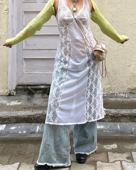 Street Style Button Down Shirt, Mythology Fashion Inspiration, Whimsigoth Layered Outfit, Nightgown Outfit Grunge, Dress On Pants, Slip Dress Over Jeans, Romantic Core Outfit, Dress On Jeans, Dress Over Pants Outfits