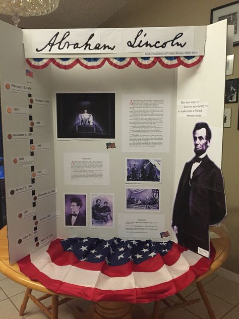 Abraham Lincoln. Wax museum school project. Trifold School Project Ideas, Abraham Lincoln Wax Museum Project, Cool Poster Ideas For School Projects, Abraham Lincoln Poster Board Projects, School Museum Ideas, Living Wax Museum Project Kids, Wax Museum Poster Board Ideas, Abraham Lincoln Project, Poster School Project Ideas