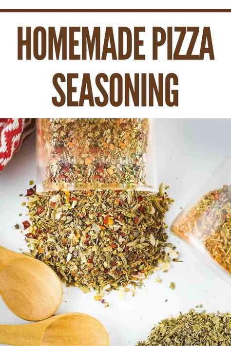 This delicious Homemade Pizza Seasoning is the perfect way to up your pizza game! Great to add a little twist to pizza night, this easy homemade seasoning will be a hit with the whole family. It adds a bit of a spicy kick of heat along with the classic Italian flavors you love. It’s quick and easy to toss together this seasoning blend and it can be used for even more than pizza too! #pizzaseasoning #pizzarecipes #pizzaideas #pizzaflavoring #seasoningsforpizza #dizzbusyandhungry Pizza Sauce Seasoning, Pizza Seasoning Blend, Seasoned Pizza Dough Recipe, Pizza Seasoning Recipe Spices, Pizza Spice Blend, Pizza Crust Seasoning, Pizza Seasoning Recipe, Italian Sausage Seasoning, Pizza Spices