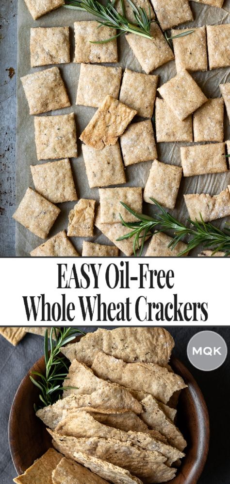 Making healthy crackers at home is a total breeze! Flavor them with your favorite herbs and spices. Instructions included for oil-free or with olive oil. #homemadecrackers #oilfree #wholewheatflour Whole Wheat Crackers Recipe, Wheat Crackers Recipe, Homemade Crackers Recipe, Resep Vegan, Vegan Appetizers Recipes, Whole Wheat Crackers, Healthy Crackers, Crispy Crackers, Wheat Crackers