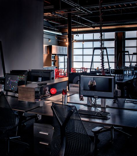 Open plan offices from Stereo D Offices - Toronto Media Company Office, Tech Building Design, Tech Startup Office Design, Hi Tech Office Design, High Tech Office Design, Media Office Design, High Tech Home Office, High Tech Interior Design, Tech Office Interior