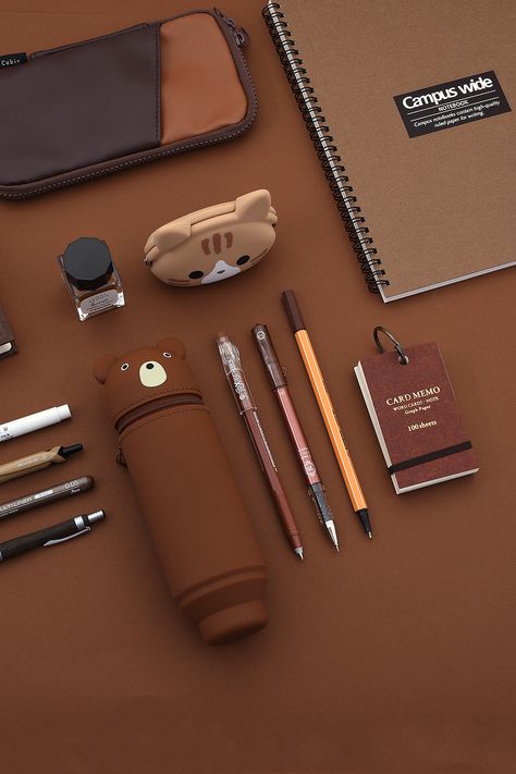 Brown Pens Aesthetic, Brown Stationary Aesthetic, Brown School Supplies Aesthetic, Brown School Supplies, Brown Stationary, Aesthetic Stationary, Colorful Pens, Stationery Aesthetic, Stationary Collection