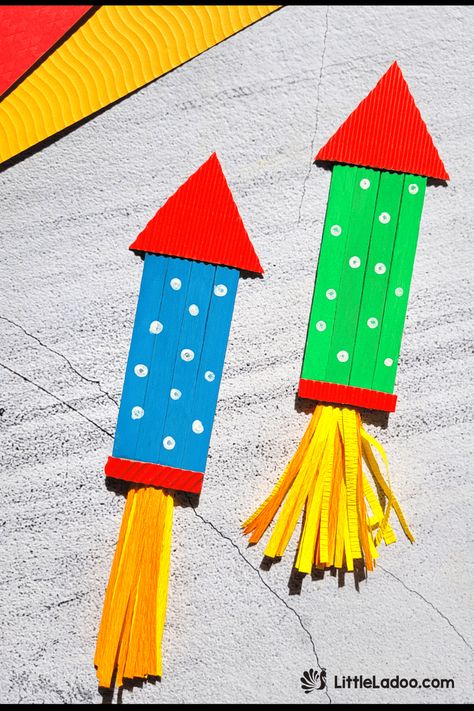 Popsicle Stick Rocket Firework Craft Popsicle Stick Rocket Ship, Ice Cream Stick Craft For Diwali, Diwali Decorations Classroom, Diwali Rocket Craft, Diwali Craft Ideas For School Students, Diwali Art And Craft For Kids, Diwali Decoration Diys, Diwali Craft For Kindergarten, Diwali Activities For Kindergarten