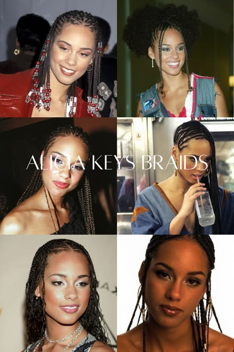 Alicia Keys inspired hairstyles, celebrity hair, curly hair hairstyles 90s Alicia Keys, Alicia Keys Aesthetic 90s, 90s Inspired Braids, Alicia Keys Curly Hair, Alicia Keys Early 2000s, Alicia Keys Ponytail, 90s Hairstyles For Curly Hair, Y2k Natural Hairstyles Black Women, Aliyah Hairstyles