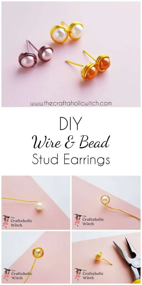 Complete stud earrings making tutorial. Learn how to make beautiful  stud earrings with just wire and beads Easy Earrings Diy Simple Wire Jewelry, Stud Wire Earrings, Wire Wrap Stud Earrings, Wire Stud Earrings Diy, Making Stud Earrings, How To Make Simple Earrings, Wire Wrapped Stud Earrings, How To Make Stud Earrings Diy, Homemade Stud Earrings