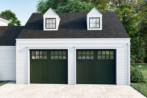 Choosing the perfect garage door style for your home can make the world of difference. We’re certainly feeling green with envy after gazing upon these gorgeous carriage garage doors that suit this home’s exterior splendidly. Colonial Style Garage Doors, Garage Door Farmhouse Style, Colonial Garage Doors, Green Garage Doors, Double Garage Ideas, Green Garage Door, Shutter Inspiration, Garage Doors Ideas, Stone Garage