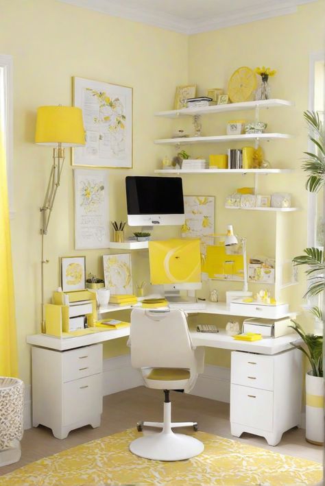 home office design,home decor ideas,interior decorating ideas,office space design Productive Workspace, Yellow Office, Office Paint, Color Home, Lemon Chiffon, Warm Undertone, Color Psychology, Complementary Colors, Beautiful Space