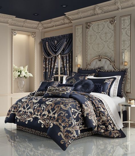 J. Queen New York Giardino Oversized Scroll Print Comforter Set | Dillard's Blue And Gold Bedding, Bathroom And Closet Ideas, Queen Susan, Gold Bedding, Classic Bedding, Weighted Comforter, Luxury Comforter Sets, Blue Comforter Sets, Organized Closet