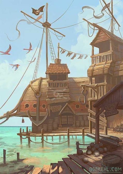 Talk with a pirate - random art - Imgur Bob Kehl, Pirate Island, Navi A Vela, Pirates Cove, Sea Of Thieves, Pirate Art, Fantasy City, Fantasy Setting, Fantasy Places