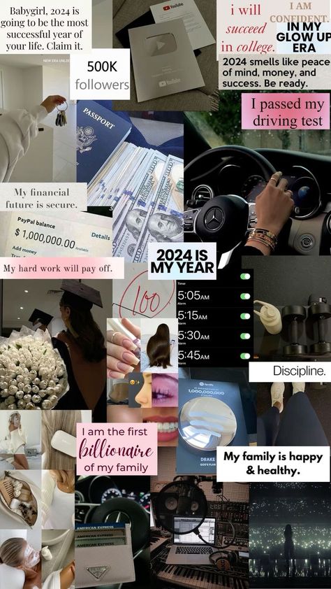 Vision board 2024 , vision board , aesthetic , visualization , visualisation , 2024 , create your dream life , manifestation , law of attraction , manifesting methods , girly , vision board inspo , canvas , ideas , digital vision board , good notes , study , career , singer , dream life , money , car , driving test , succes , graduation , college , morning person , travel , clean girl , gym , healthy life , billionare , move , car , glow up Vision Board Ideas New Job, Vision Board Photos Driving, Career Manifestation Aesthetic, Dream College Manifestation, Manifest Car Affirmations, Manifesting My Dream Life Aesthetic, Test Manifesting, Dream College Vision Board, Career Ideas Aesthetic