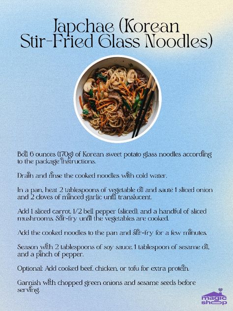 Japchae (Korean Stir Fried Glass Noodles) Japchae Recipe Korean, Fried Glass Noodles, Japchae Recipe, Stir Fry Glass Noodles, Stir Fried Noodles, Korean Stir Fry, Korean Sweet Potato, Food Project, Stir Fry Noodles