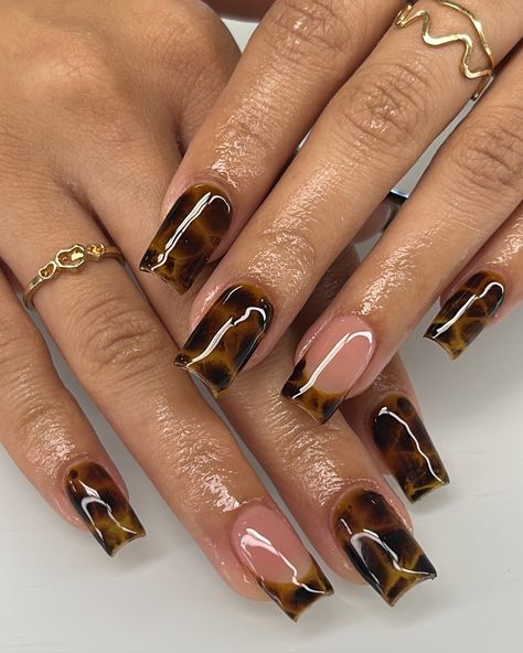 loving tortoise nails 🐢🤎🤎 - Service : Gel-x Fall Nail Square Short, Biab Nails Tortoise Shell, Tortoise Shell Nails French Tip Almond, Nail Ideas Tortoise Shell, Tortoise Brown Nails, Tortoise Shell Nails French Tip Short, Short Brown Marble Nails, Tortoise Nails Design French, Animal Print Nails Fall