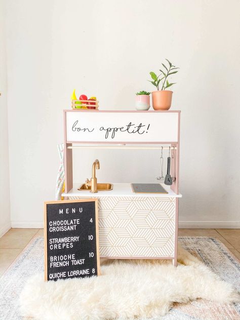 IKEA Duktig Kitchen Hack• Paris Cafe Inspired • • Tiffanie Anne Blog Duktig Kitchen Hack, Ikea Kids Kitchen Hack, Ikea Duktig Kitchen, Ikea Toy Kitchen, Kitchen Hack Decor, Ikea Play Kitchen Hack, Ikea Kids Kitchen, Pink Playroom, Diy Kitchen Makeover Ideas