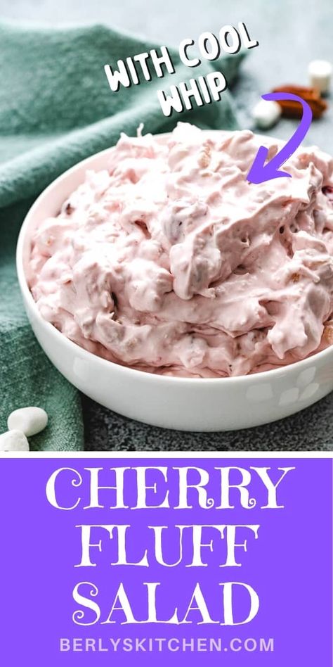 Our Cherry Fluff Salad recipe is a vintage dessert recipe made with Cool Whip, pineapples, cherry pie filling, marshmallows, coconut, and pecans. It's an easy dessert recipe that your entire family will love! Get the full recipe at berlyskitchen.com. Cherry Marshmallow Fluff, Cherry Pineapple Fluff, Cherry Fluff Salad Recipes, Cherry Fluff Salad Cool Whip, Cherry Pie Filling Salad, Fruit Salad Cool Whip, Cherry Fluff Salad, Pie Filling Desserts, Crawfish Bisque