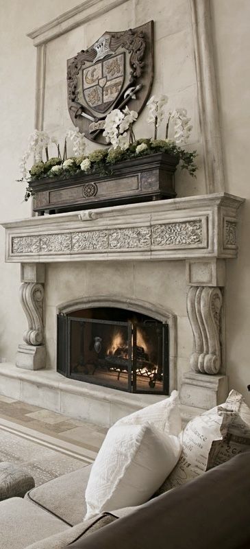 Grand Old World Fireplace Old World Fireplaces French Country, Fireplace Italian Style, Old World Castle Decor, Old World Fireplace Ideas, Mediterranean Fireplace, Old World Decorating, Tuscan Home Decorating, Italian Fireplace, Spanish Living Room