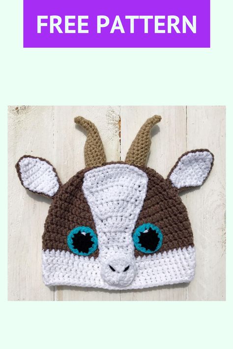 This fun, free & easy to follow Goat Hat crochet pattern from Lovable Loops is perfect for beginners. It is written for all sizes; baby, toddler, child and adult. Hat is worked with double crochet stitches in the round from the top down. This easy and simple crochet project would be perfect for baby's first Christmas or as a gift for a child, friend or loved one. #crochethat #lovableloops #beginnercrochet #freecrochetpattern #goathat Crochet Goat, Goat Hat, Free Form Crochet, Easy Crochet Hat Patterns, Crochet Character Hats, Crocheted Stuff, Crochet Hat For Beginners, Crochet Baby Hat Patterns, Easy Crochet Hat