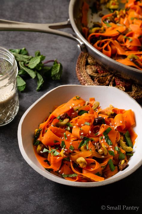 Shaved Carrot Salad with Olives and Fresh Herbs – Small Pantry Recipes Shaved Carrot Salad Recipes, Shaved Carrot Salad, Summer Skewers, Grated Carrot Salad, Salad With Olives, Carrot Salad Recipes, Pantry Recipes, Veggie Skewers, Sweet Carrot