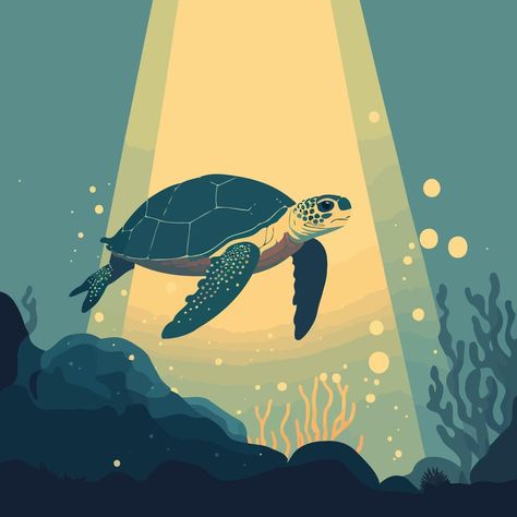 sea animal turtle diving under the sea Save Ocean Illustration, Turtle Poster Design, Turtle Vector Illustration, Save The Turtles Poster, Turtle Illustration Design, Turtle Mural, Plastic Campaign, Under The Sea Poster, Under The Sea Illustration