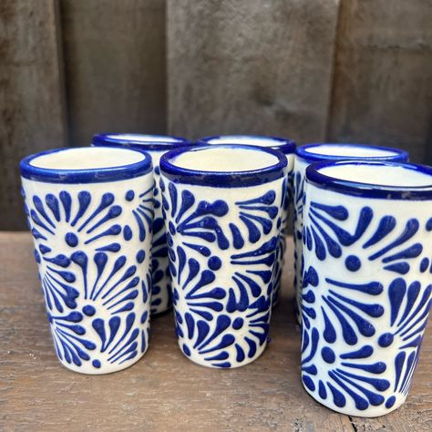 New Set Of Six Talavera White/Blue Shot Glasses, 3.5 Inches Tall, 2 Inches Diameter. Will Be Shipped And Packaged To The Best Of My Ability. I Pack Everything With Extreme Care. Mexican Talavera Party, Talavera Party, Talavera Wedding Favors, Talavera Napkins, Talavera Baptism, Talavera Pottery Garden, Talavera Blue And White, Blue And White Tequila Bottle, Blue Talavera