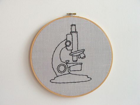 Hand Embroidery Hoop – Mighty Microscope, $50 from Etsy Science Embroidery, Embroidery Tshirt, Felt Embroidery, Summer Projects, Science Lab, Hand Embroidery Stitches, Embroidery Hoop Art, Embroidery Ideas, Science Art