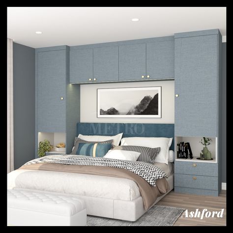 Add style and functionality to the unused space above the bed Bed With Two Side Wardrobe, Bed Side Storage Ideas, Bed Side Wardrobes, Wardrobe Attached To Bed, Bed Attached Dressing Table, Bedroom With Wardrobe On Both Sides, Wardrobe Design Over Bed, Bed With Cupboards Either Side, Bedroom Wardrobe With Bed