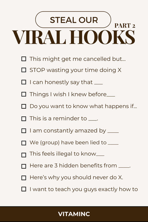 a list of viral Hooks for your UGC collabs + social media content - proven to convert 
"This is a reminder to ___"
"Stop wasting your time doing X"
"This might get me cancelled but..." Scroll Stopping Hooks, Hooks For Tiktok Videos, Ugc Content Hooks, Ugc Hook Ideas, Viral Hooks For Instagram, Video Hooks, Hooks For Instagram, Tiktok Hooks, Instagram Hooks