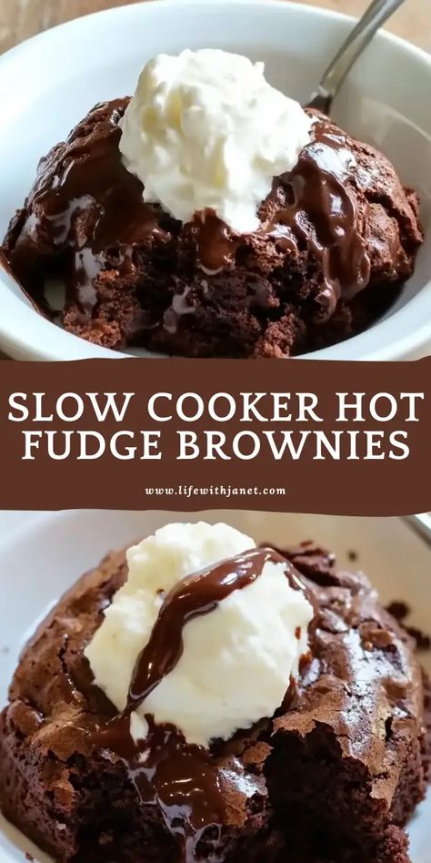 SLOW COOKER HOT FUDGE BROWNIES A decadent four-ingredient dessert that creates its own hot fudge sauce while cooking! Perfect for serving warm with ice cream. Recipes Using Hot Fudge Sauce, Heaven In A Crockpot, Chocolate Crockpot Desserts, Crockpot Brookies, Crockpot Brownies Box Slow Cooker, Hot Fudge Brownie Sundae, Desserts With Brownie Mix Easy, Recipes With Brownie Mix, Crockpot Fudge