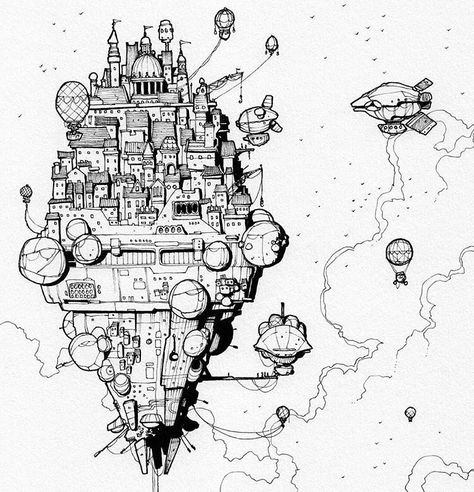 Wonderfully detailed #penandink #airship #illustration by an illustrator with the handle  @thisnorthernboy  on Instagram. Theres a really interesting #juxtaposition of #architectural and #technological styles in this #drawing  First you have the #steampunk style #dirigible and various #hotairballoon #flyingmachines. All of those #flyingships are docked or #flying around a #medieval style castle or is it a stacked #city? Or #skyscrapers? Whatever they are (besides really cool looking) they are th Map Ink Drawing, City Drawing, Medieval Style, Castle In The Sky, Steampunk Style, Landscape Drawings, Ink Sketch, Ink Illustrations, Pen Art