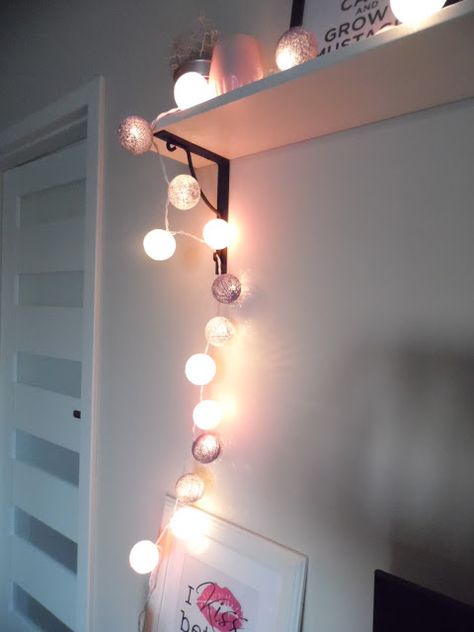 cotton ball lights Cotton Ball Lights Bedroom, Fairy Lights Ideas, Cotton Ball Lights, White Apartment, String Ball Lights, Light Girls, Lights Ideas, Attic Bedrooms, Korean Stuff