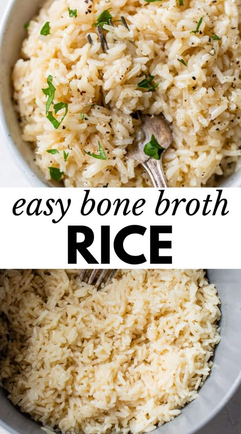 Rice And Broth Recipes, How To Use Bone Broth In Recipes, Rice Bone Broth, Rice In Beef Broth, Cooking Rice With Chicken Broth, Recipes To Use Bone Broth In, Bone Broth Soup Recipes Veggies, Bone Broth Lunch Recipes, What To Do With Bone Broth