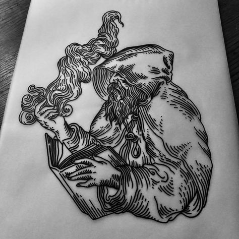 Like this style of drawing with all the lines Wizard Tattoo, Etching Tattoo, Woodcut Tattoo, Medieval Tattoo, Engraving Tattoo, Theme Tattoo, Tattoo Art Drawings, Dark Tattoo, Tattoo Flash Art