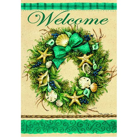 Coastal Wreath Welcome Double Sided House Flag Coastal Wreath, Winter Holiday Decorations, Beachy Christmas, Stella Marina, Small Flags, Christmas Garden Flag, Beach Christmas, Christmas Garden, Coastal Christmas