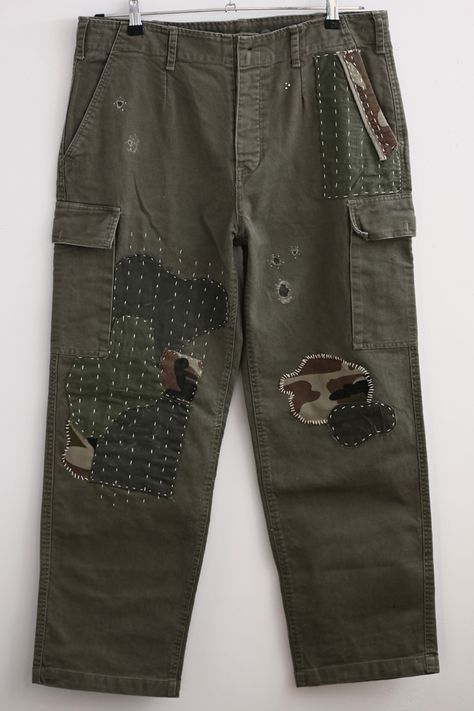 Patched Cargo Pants, Sashiko Pants, Diy Cargo Pants, Custom Pants Ideas, Custom Cargo Pants, Patch Work Pants, Reworked Pants, Patched Shirt, Patchwork Cargo Pants