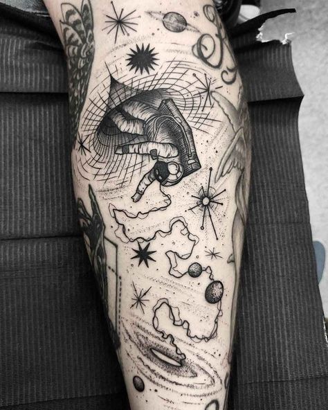 The alternative reality in tattoo by Thomas Eckerd | iNKPPL Reality Tattoo, Space Tattoo Sleeve, Alternative Reality, Backpiece Tattoo, Astronaut Tattoo, Unusual Tattoo, Surreal Tattoo, Universe Tattoo, Planet Tattoos