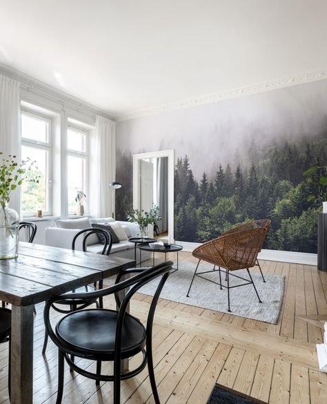 Forest Wallpaper Interior, Misty Woods Wallpaper, Mural Wallpaper Forest, Misty Forest Wall Mural, Forest Style Living Room, Forest Wallpaper Living Room, Living Room Mural Wall, Forest Inspired Living Room, Forest Dining Room