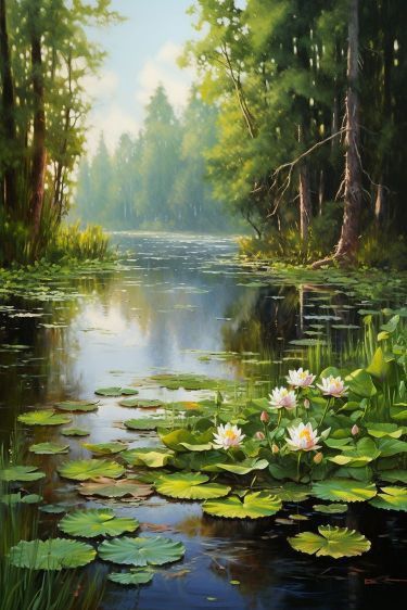 Expression Painting, Knitting Flowers, Dinner Setup, Beautiful Paintings Of Nature, Water Lilies Painting, Beautiful Landscape Paintings, Scenery Paintings, Awesome Pictures, Landscape Art Painting