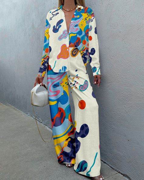 Graffiti Clothing Manche, Patterned Clothes, Digital Print Fashion, Wide Leg Pant Suit, Printed Suit, Two Piece Pants Set, Vacation Wear, Loose Outfit, Turndown Collar