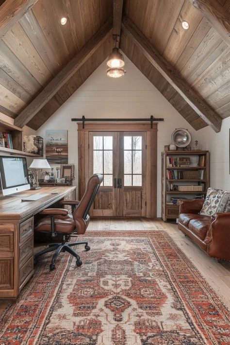 Enclosed Porch Office, French Farmhouse Office, She Shed Office Interior, Western Home Office, Shed Office Interior, Rustic Farmhouse Office, Country Style Office, Lodge Office, Ranch Office