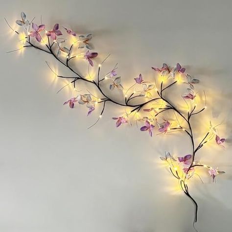 Tall Ceiling Wall Decor, Cherry Blossom Lights, Cute Wall Lights, Cherry Blossom Wall Decor, Creative Apartment Decor, Flower Garden Nursery, Wall Vines Decor, Above Desk Wall Decor, Bedroom Fairy Light Ideas